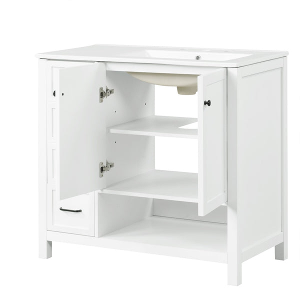 English Elm 36" Freestanding Bathroom Vanity Solid Wood Cabinet with Ceramic Sink and Open Shelf White N725S364203K