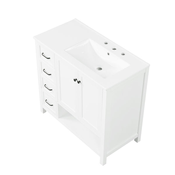 English Elm 36" Freestanding Bathroom Vanity Solid Wood Cabinet with Ceramic Sink and Open Shelf White N725S364203K