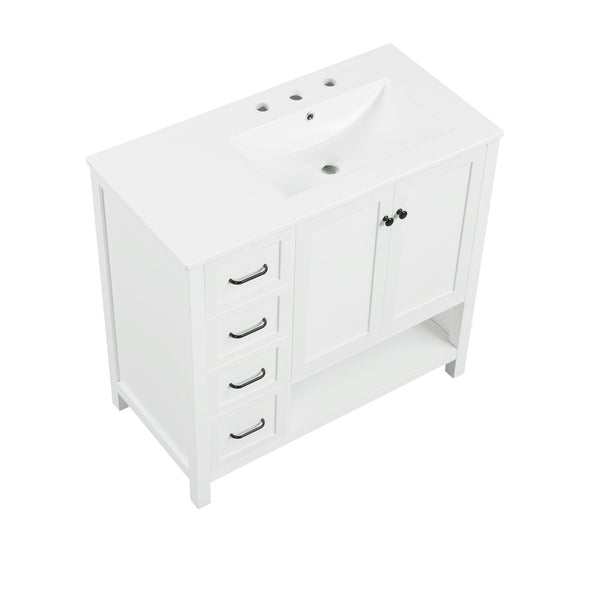English Elm 36" Freestanding Bathroom Vanity Solid Wood Cabinet with Ceramic Sink and Open Shelf White N725S364203K