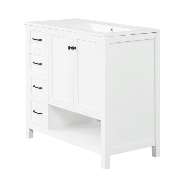 English Elm 36" Freestanding Bathroom Vanity Solid Wood Cabinet with Ceramic Sink and Open Shelf White N725S364203K
