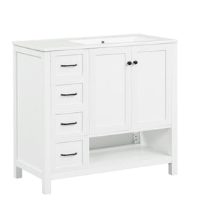 English Elm 36" Freestanding Bathroom Vanity Solid Wood Cabinet with Ceramic Sink and Open Shelf White N725S364203K