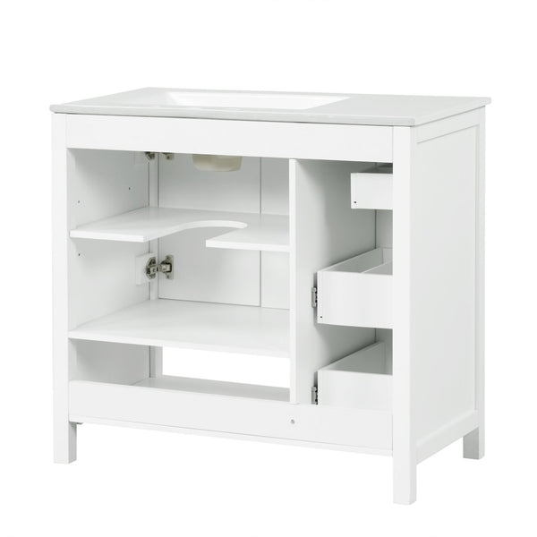 English Elm 36" Freestanding Bathroom Vanity Solid Wood Cabinet with Ceramic Sink and Open Shelf White N725S364203K