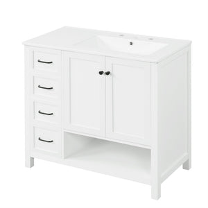 English Elm 36" Freestanding Bathroom Vanity Solid Wood Cabinet with Ceramic Sink and Open Shelf White N725S364203K