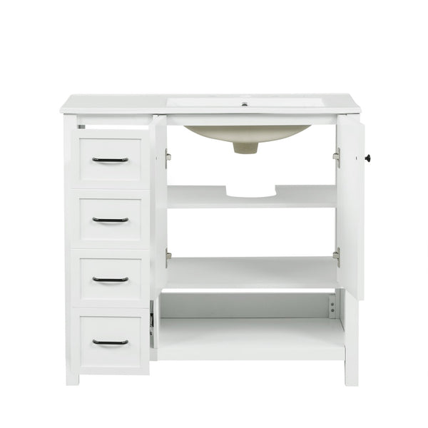 English Elm 36" Freestanding Bathroom Vanity Solid Wood Cabinet with Ceramic Sink and Open Shelf White N725S364203K