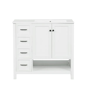 English Elm 36" Freestanding Bathroom Vanity Solid Wood Cabinet with Ceramic Sink and Open Shelf White N725S364203K