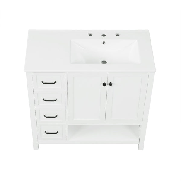 English Elm 36" Freestanding Bathroom Vanity Solid Wood Cabinet with Ceramic Sink and Open Shelf White N725S364203K