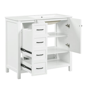 English Elm 36" Freestanding Bathroom Vanity Solid Wood Cabinet with Ceramic Sink and Open Shelf White N725S364203K