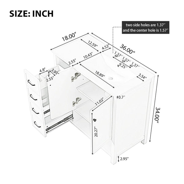 English Elm 36" Freestanding Bathroom Vanity Solid Wood Cabinet with Ceramic Sink and Open Shelf White N725S364203K