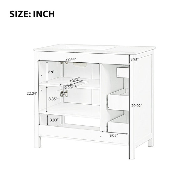 English Elm 36" Freestanding Bathroom Vanity Solid Wood Cabinet with Ceramic Sink and Open Shelf White N725S364203K