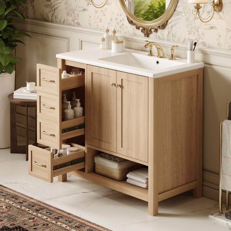 English Elm 36 Inch Bathroom Vanity Solid Pine and Ceramic Sink Open Shelf Gold Hardware Modern Farmhouse N725S364203N