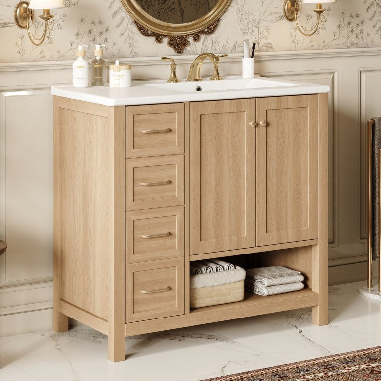 English Elm 36 Inch Bathroom Vanity Solid Pine and Ceramic Sink Open Shelf Gold Hardware Modern Farmhouse N725S364203N