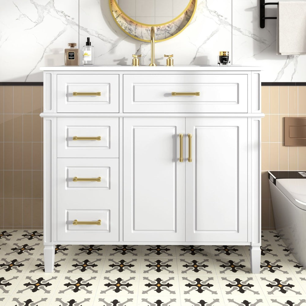 English Elm 36 Inch Freestanding Bathroom Vanity Pinewood Cabinet Ceramic Basin Soft Close Gold Hardware N725S366466K