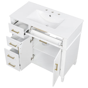 English Elm 36 Inch Freestanding Bathroom Vanity Pinewood Cabinet Ceramic Basin Soft Close Gold Hardware N725S366466K