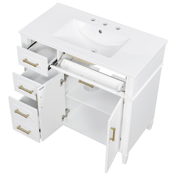English Elm 36 Inch Freestanding Bathroom Vanity Pinewood Cabinet Ceramic Basin Soft Close Gold Hardware N725S366466K