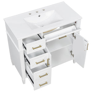 English Elm 36 Inch Freestanding Bathroom Vanity Pinewood Cabinet Ceramic Basin Soft Close Gold Hardware N725S366466K