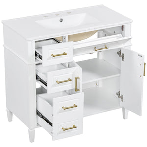 English Elm 36 Inch Freestanding Bathroom Vanity Pinewood Cabinet Ceramic Basin Soft Close Gold Hardware N725S366466K