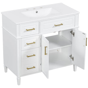 English Elm 36 Inch Freestanding Bathroom Vanity Pinewood Cabinet Ceramic Basin Soft Close Gold Hardware N725S366466K