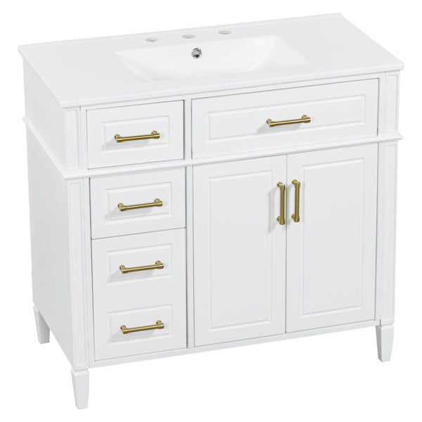English Elm 36 Inch Freestanding Bathroom Vanity Pinewood Cabinet Ceramic Basin Soft Close Gold Hardware N725S366466K