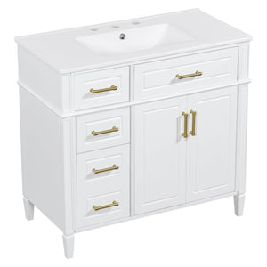 English Elm 36 Inch Freestanding Bathroom Vanity Pinewood Cabinet Ceramic Basin Soft Close Gold Hardware N725S366466K
