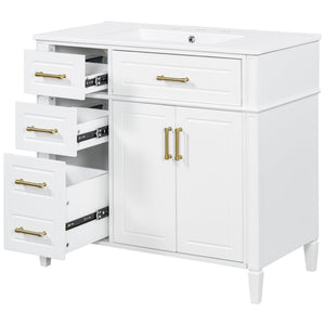 English Elm 36 Inch Freestanding Bathroom Vanity Pinewood Cabinet Ceramic Basin Soft Close Gold Hardware N725S366466K