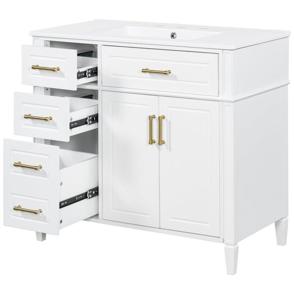 English Elm 36 Inch Freestanding Bathroom Vanity Pinewood Cabinet Ceramic Basin Soft Close Gold Hardware N725S366466K