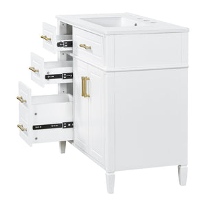English Elm 36 Inch Freestanding Bathroom Vanity Pinewood Cabinet Ceramic Basin Soft Close Gold Hardware N725S366466K