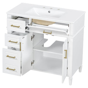English Elm 36 Inch Freestanding Bathroom Vanity Pinewood Cabinet Ceramic Basin Soft Close Gold Hardware N725S366466K