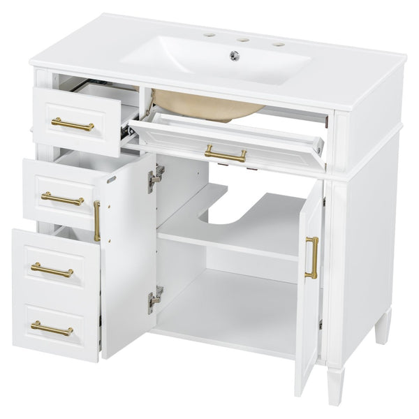 English Elm 36 Inch Freestanding Bathroom Vanity Pinewood Cabinet Ceramic Basin Soft Close Gold Hardware N725S366466K