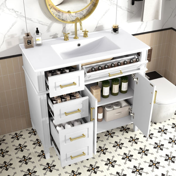 English Elm 36 Inch Freestanding Bathroom Vanity Pinewood Cabinet Ceramic Basin Soft Close Gold Hardware N725S366466K