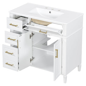 English Elm 36 Inch Freestanding Bathroom Vanity Pinewood Cabinet Ceramic Basin Soft Close Gold Hardware N725S366466K