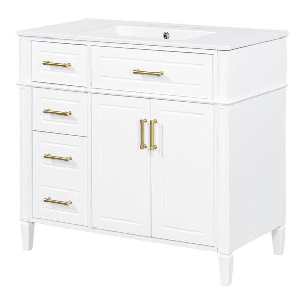 English Elm 36 Inch Freestanding Bathroom Vanity Pinewood Cabinet Ceramic Basin Soft Close Gold Hardware N725S366466K