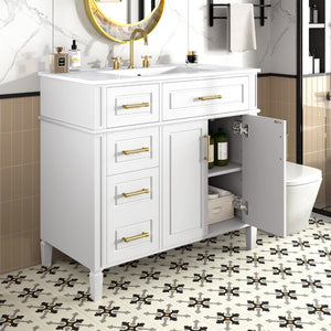 English Elm 36 Inch Freestanding Bathroom Vanity Pinewood Cabinet Ceramic Basin Soft Close Gold Hardware N725S366466K