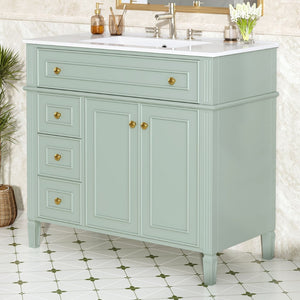 English Elm 36 Inch Bathroom Vanity with Ceramic Sink Solid Pine Gold Hardware Modern Freestanding Green N725S366468G