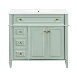 English Elm 36 Inch Bathroom Vanity with Ceramic Sink Solid Pine Gold Hardware Modern Freestanding Green N725S366468G
