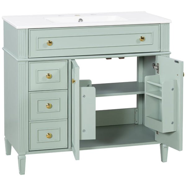 English Elm 36 Inch Bathroom Vanity with Ceramic Sink Solid Pine Gold Hardware Modern Freestanding Green N725S366468G