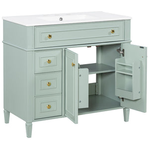 English Elm 36 Inch Bathroom Vanity with Ceramic Sink Solid Pine Gold Hardware Modern Freestanding Green N725S366468G