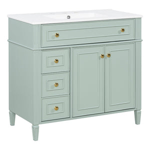 English Elm 36 Inch Bathroom Vanity with Ceramic Sink Solid Pine Gold Hardware Modern Freestanding Green N725S366468G