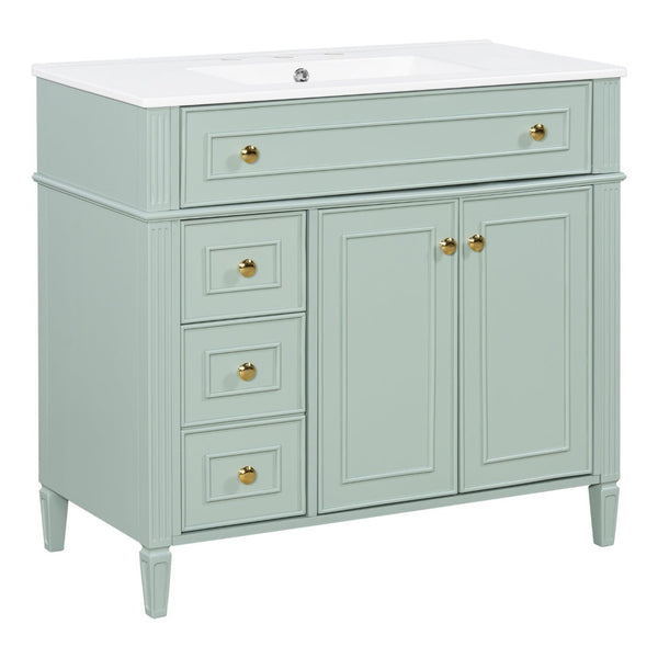 English Elm 36 Inch Bathroom Vanity with Ceramic Sink Solid Pine Gold Hardware Modern Freestanding Green N725S366468G