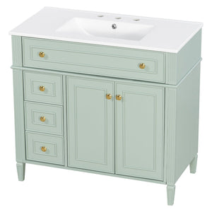English Elm 36 Inch Bathroom Vanity with Ceramic Sink Solid Pine Gold Hardware Modern Freestanding Green N725S366468G