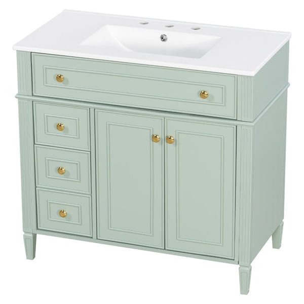 English Elm 36 Inch Bathroom Vanity with Ceramic Sink Solid Pine Gold Hardware Modern Freestanding Green N725S366468G