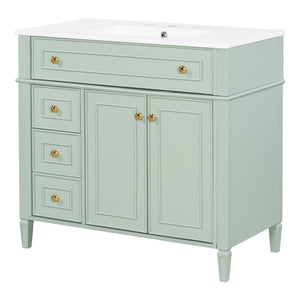 English Elm 36 Inch Bathroom Vanity with Ceramic Sink Solid Pine Gold Hardware Modern Freestanding Green N725S366468G