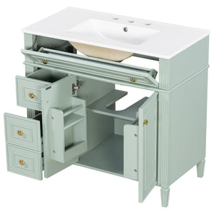 English Elm 36 Inch Bathroom Vanity with Ceramic Sink Solid Pine Gold Hardware Modern Freestanding Green N725S366468G