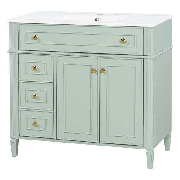 English Elm 36 Inch Bathroom Vanity with Ceramic Sink Solid Pine Gold Hardware Modern Freestanding Green N725S366468G