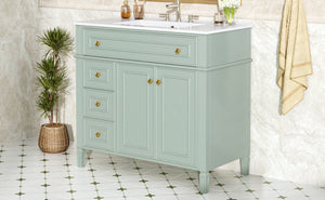 English Elm 36 Inch Bathroom Vanity with Ceramic Sink Solid Pine Gold Hardware Modern Freestanding Green N725S366468G