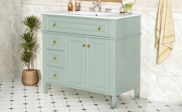 English Elm 36 Inch Bathroom Vanity with Ceramic Sink Solid Pine Gold Hardware Modern Freestanding Green N725S366468G