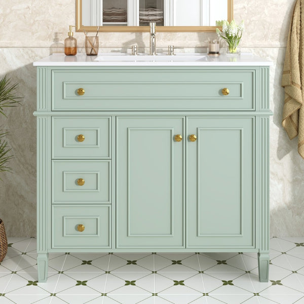 English Elm 36 Inch Bathroom Vanity with Ceramic Sink Solid Pine Gold Hardware Modern Freestanding Green N725S366468G