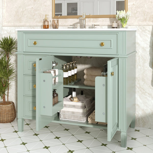 English Elm 36 Inch Bathroom Vanity with Ceramic Sink Solid Pine Gold Hardware Modern Freestanding Green N725S366468G