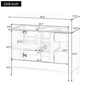 English Elm 36 Inch Bathroom Vanity with Ceramic Sink Solid Pine Gold Hardware Modern Freestanding Green N725S366468G