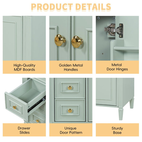 English Elm 36 Inch Bathroom Vanity with Ceramic Sink Solid Pine Gold Hardware Modern Freestanding Green N725S366468G