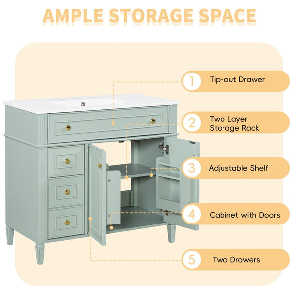 English Elm 36 Inch Bathroom Vanity with Ceramic Sink Solid Pine Gold Hardware Modern Freestanding Green N725S366468G